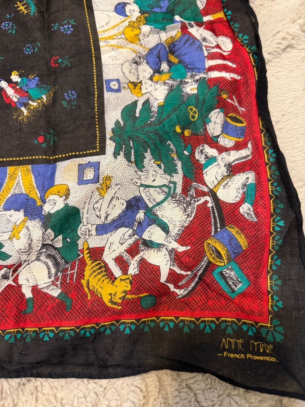 Vintage Anne Marie French Provençal Scarf Cotton Christmas Red Black 34x34 EUC